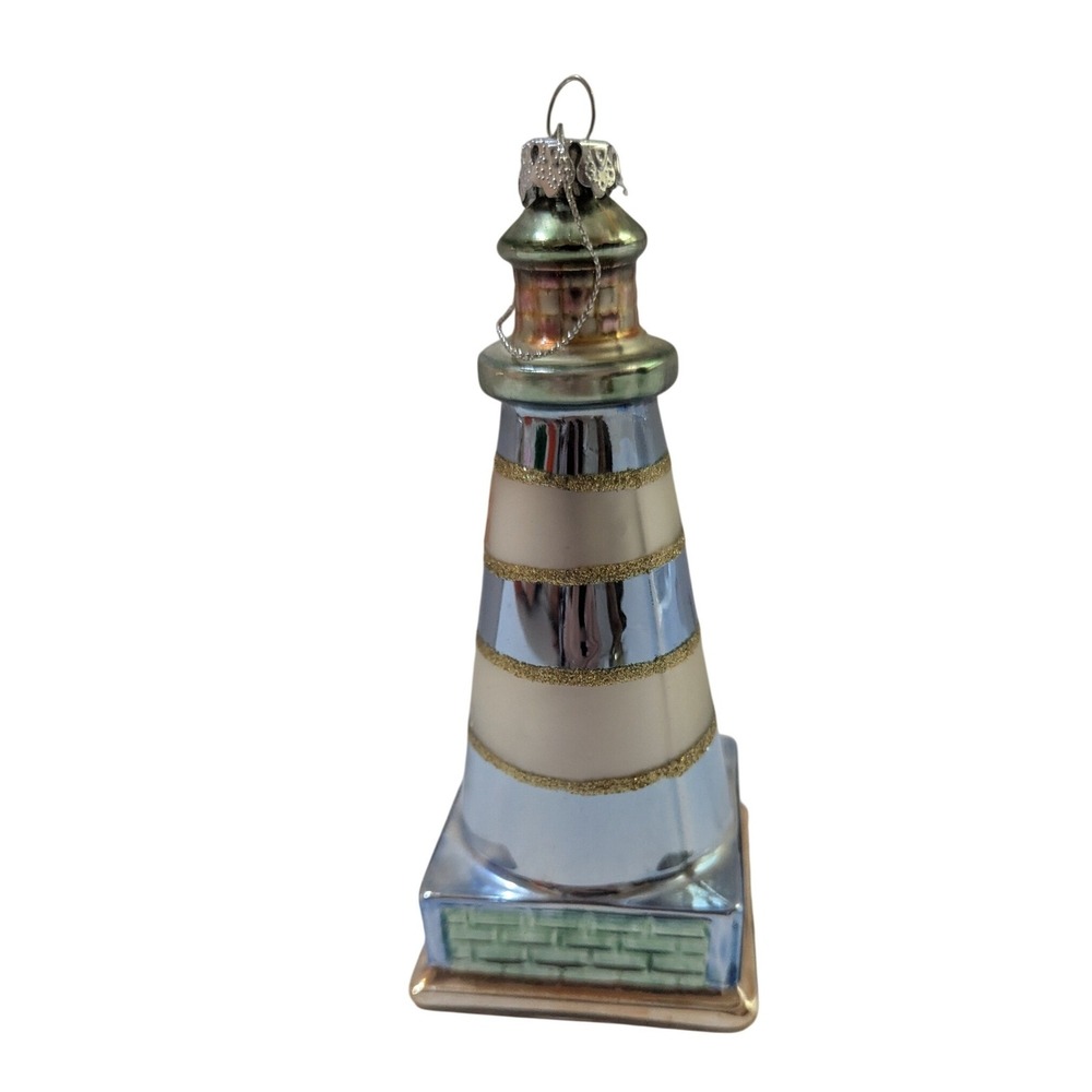 Nautical Lighthouse Glass Christmas Ornament Blue White Gold Glitter‎ 5.5 Inch